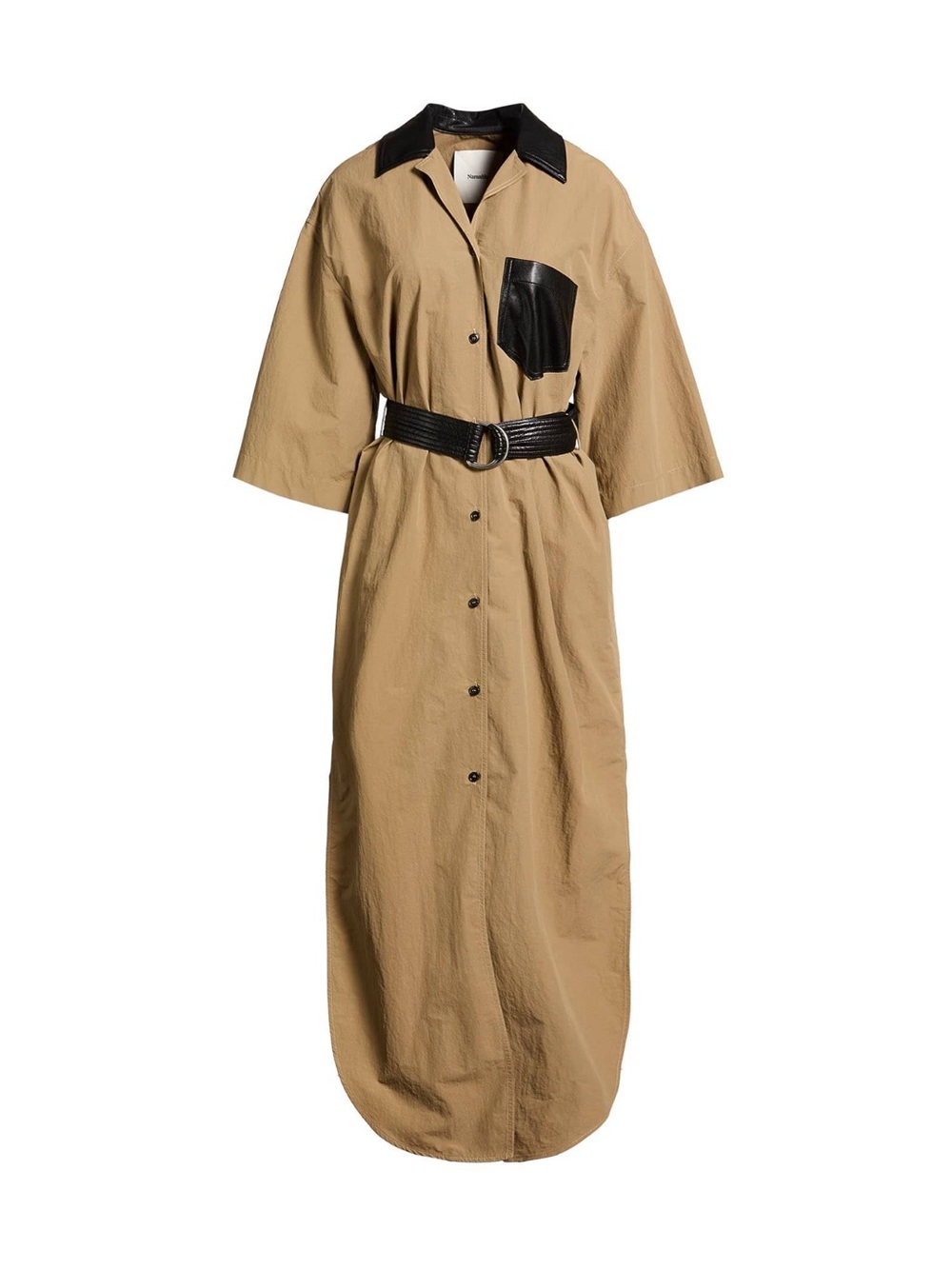 Nanushka Khaki Maxi Shirt Dress with Black Trim and Belt
